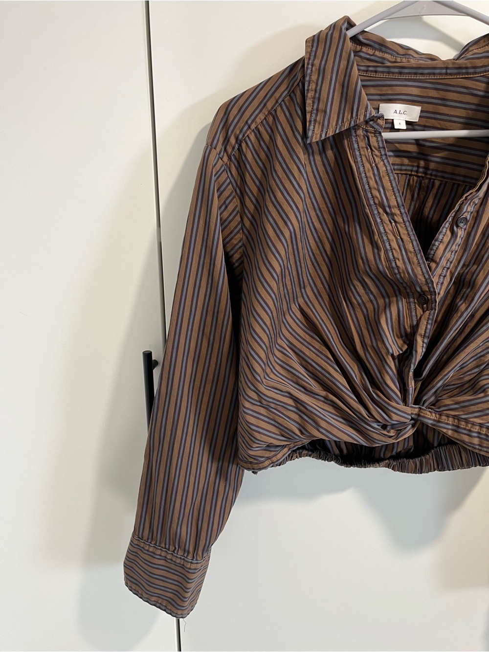 A.L.C. Olive and Black Striped Twist-Front Button-Down Shirt - Picture 6 of 10